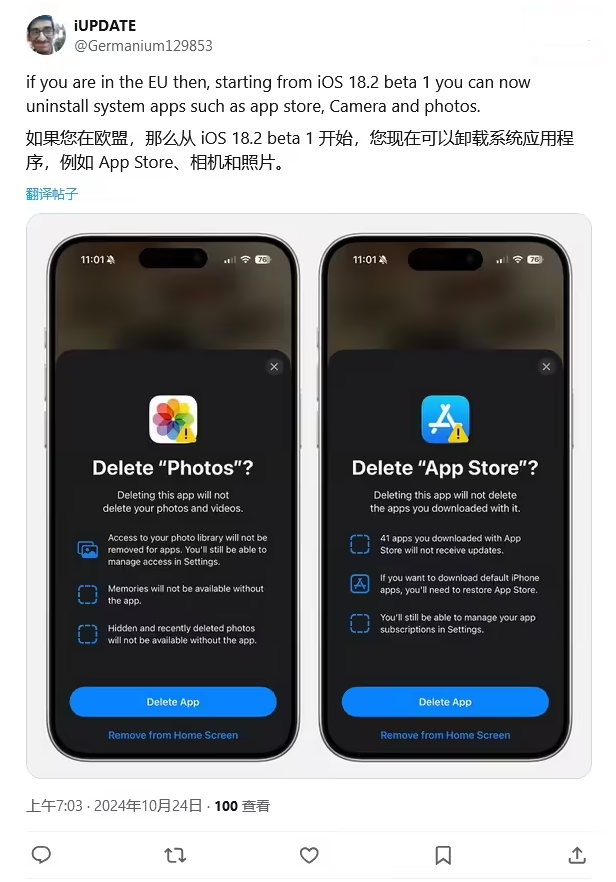 舟曲苹果手机维修分享iOS 18.2 支持删除 App Store 应用商店 