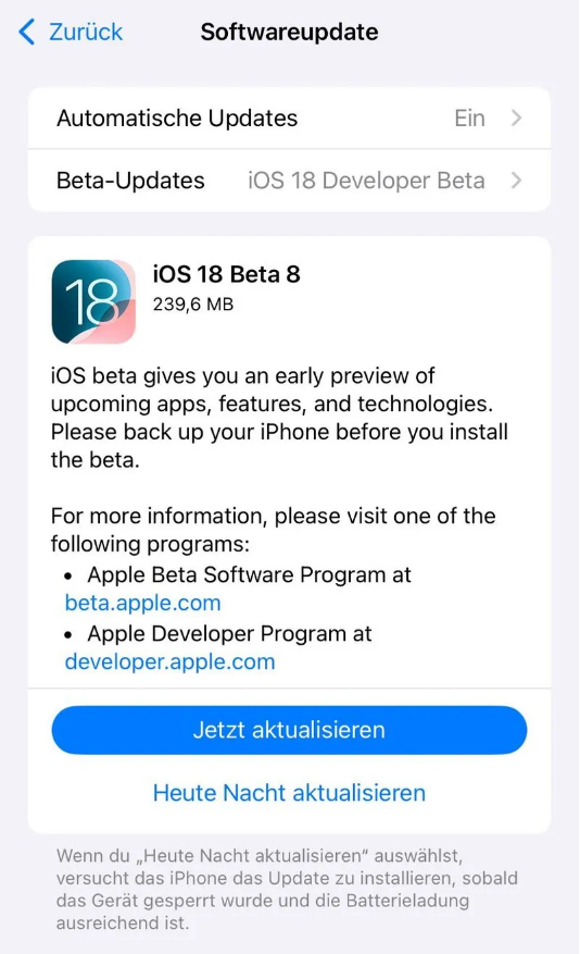 舟曲苹果手机维修分享苹果 iOS / iPadOS 18 开发者预览版 Beta 8 发布 